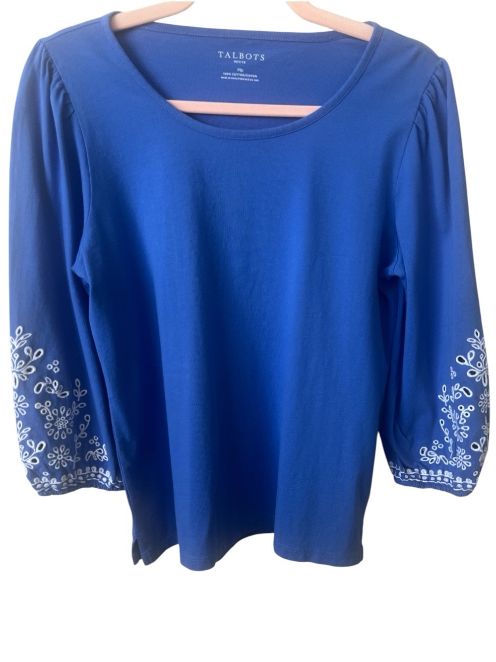 NWT Talbots Petite Medium Blue Embroidered Cotton Top 3/4 Sleeve Side Vent MP - Picture 7 of 7